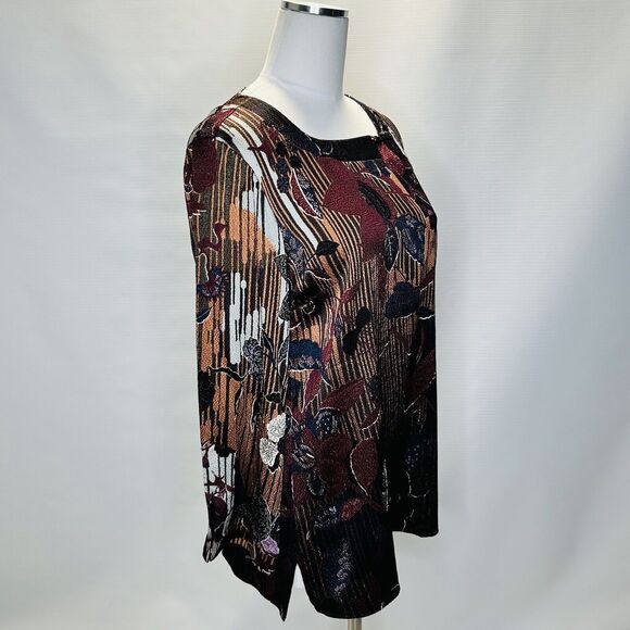 Citron Santa Monica Silk Tunic Blouse Asian Inspired Print Medium Orange Brown - Picture 3 of 9